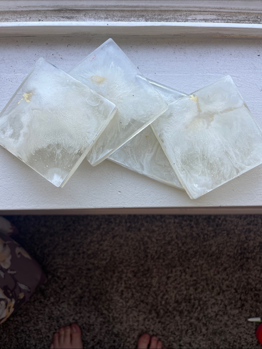 Locally made handcrafted white and gold marbled resin set of four coasters
